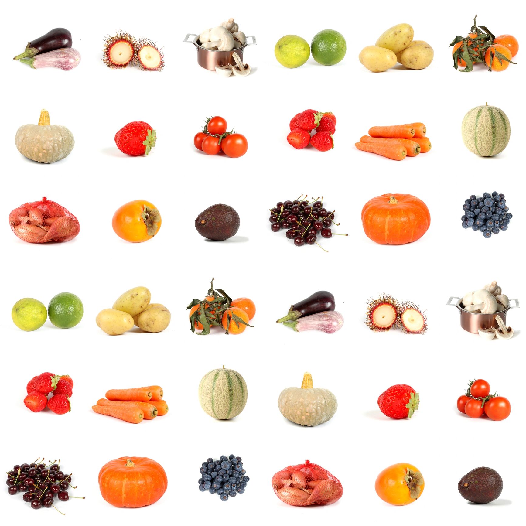 Assorted fruits and vegetables on a white background