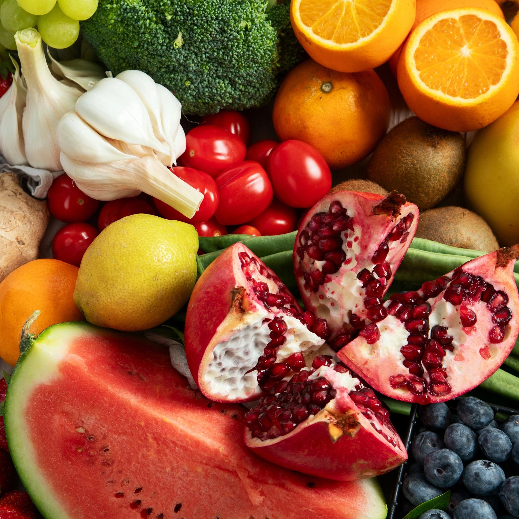 Top view of fresh organic vegetables and fruits